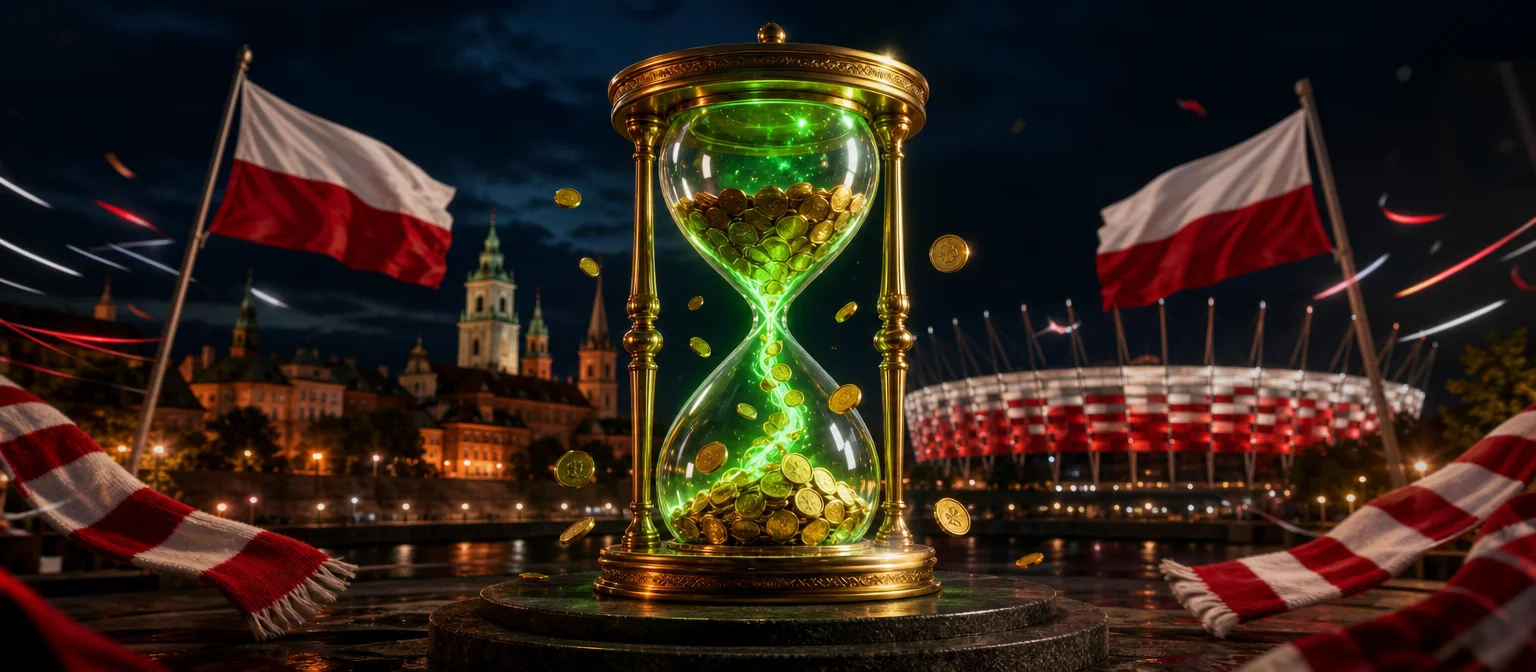 Złota klepsydra, w której monety wracają do górnej części w zielonej poświacie