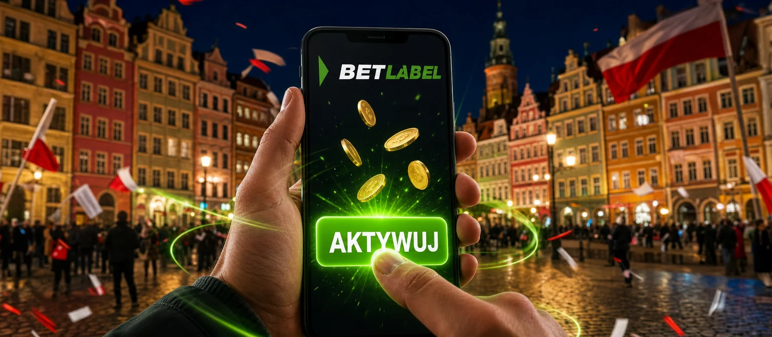 Kciuk naciska zielony przycisk AKTYWUJ w telefonie z logo BetLabel, w tle nocny rynek we Wrocławiu