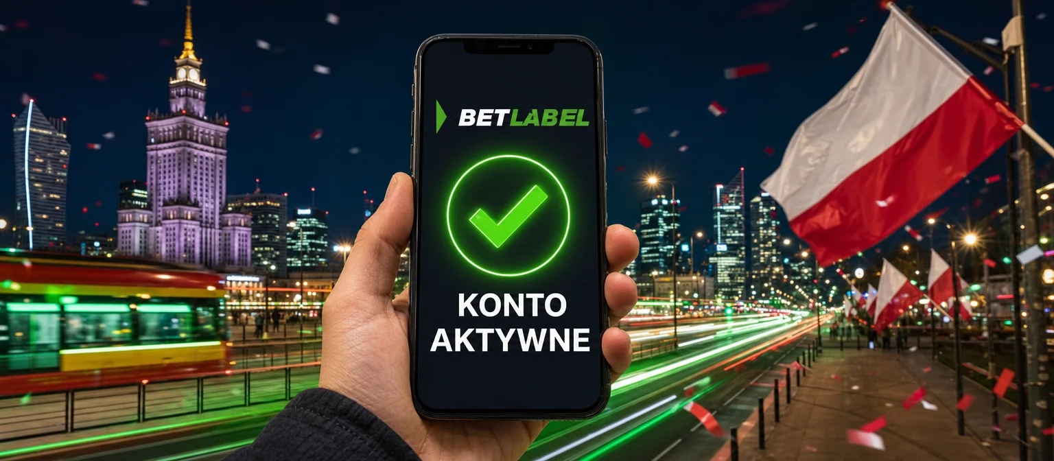 Dłoń z telefonem, na ekranie logo BetLabel, zielony znak potwierdzenia i napis KONTO AKTYWNE, w tle nocna ulica Warszawy