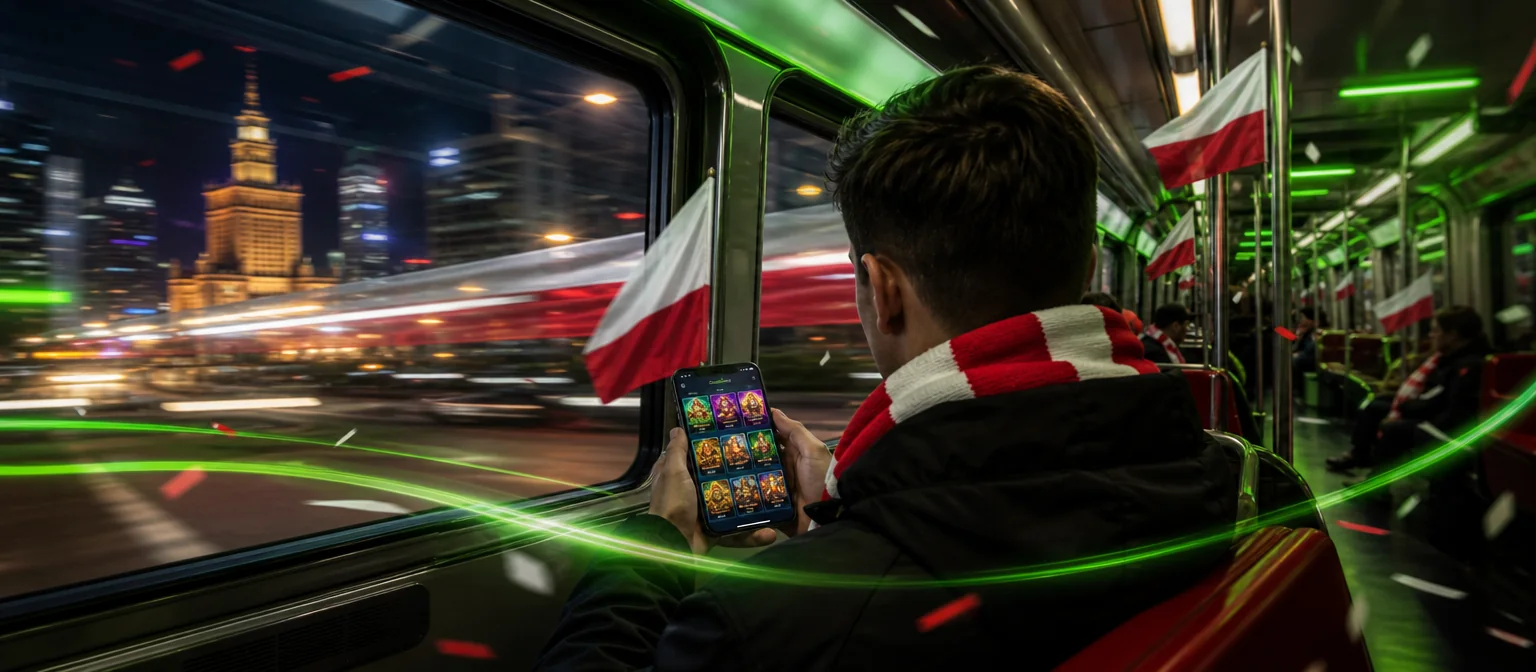 Pasażer warszawskiego metra przegląda kolorowe lobby gier w telefonie