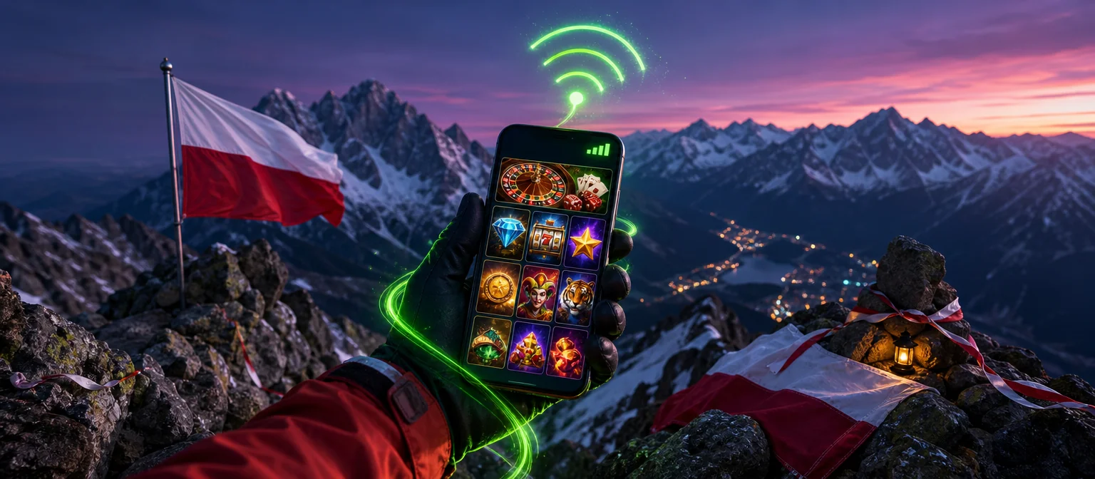 Dłoń z telefonem z pełnym zasięgiem i lobby gier na grani w Tatrach o zmierzchu