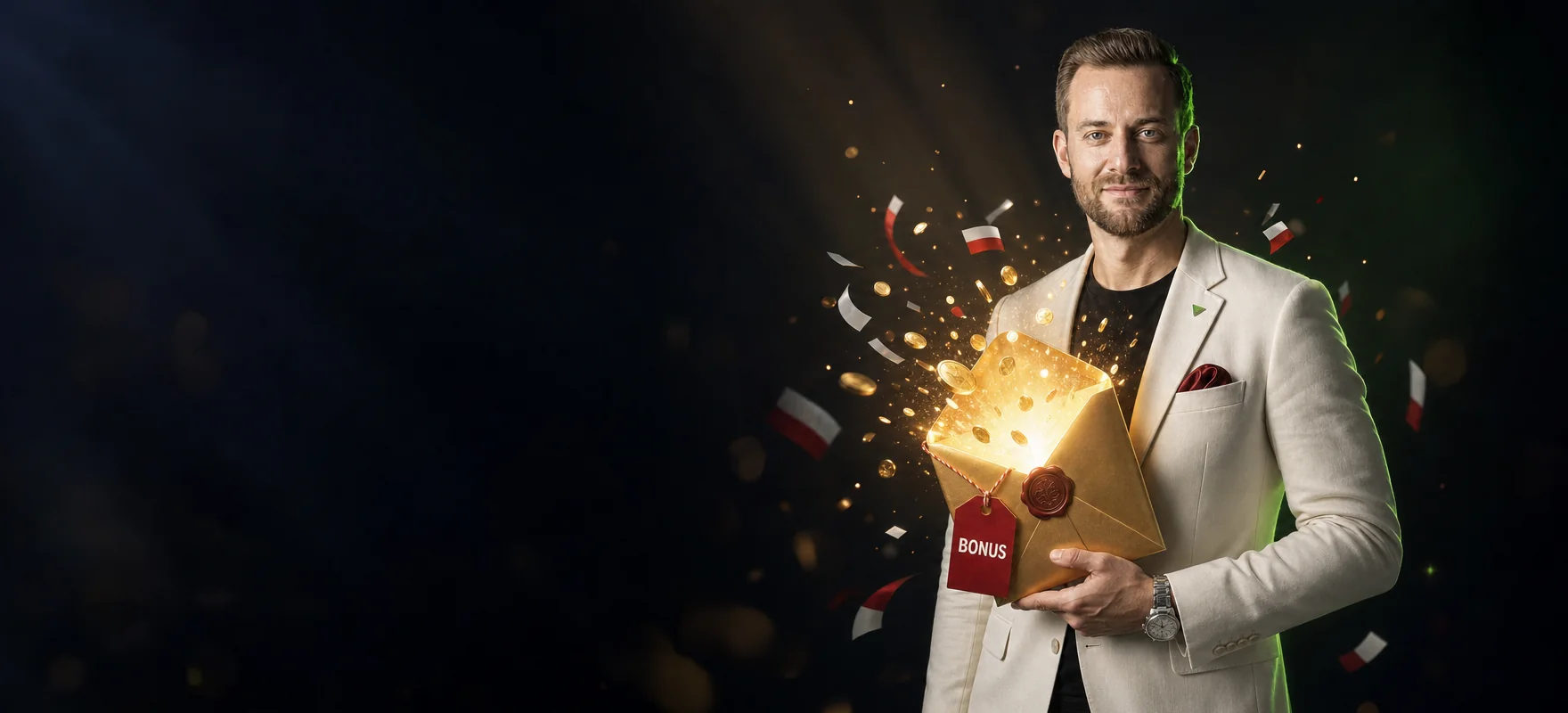 Mężczyzna w jasnej marynarce trzyma świecącą złotą kopertę z czerwoną pieczęcią i zawieszką BONUS