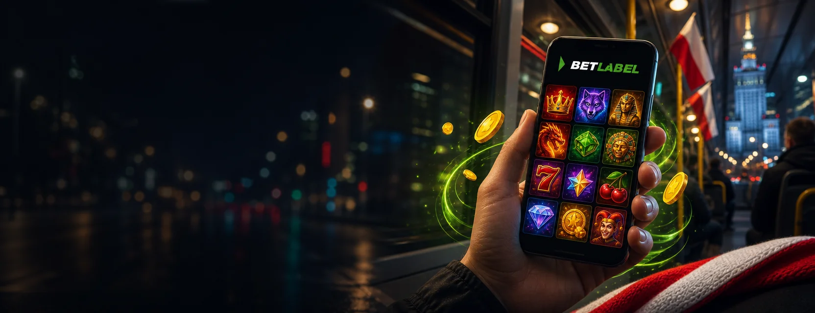 Dłoń z telefonem z lobby BetLabel Casino w nocnym tramwaju jadącym przez Warszawę