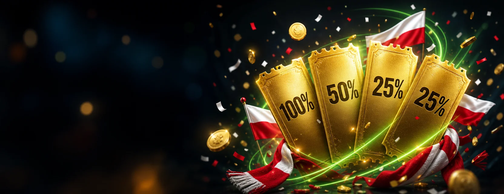 Cztery złote bilety w wachlarzu z napisami 100%, 50%, 25% i 25%