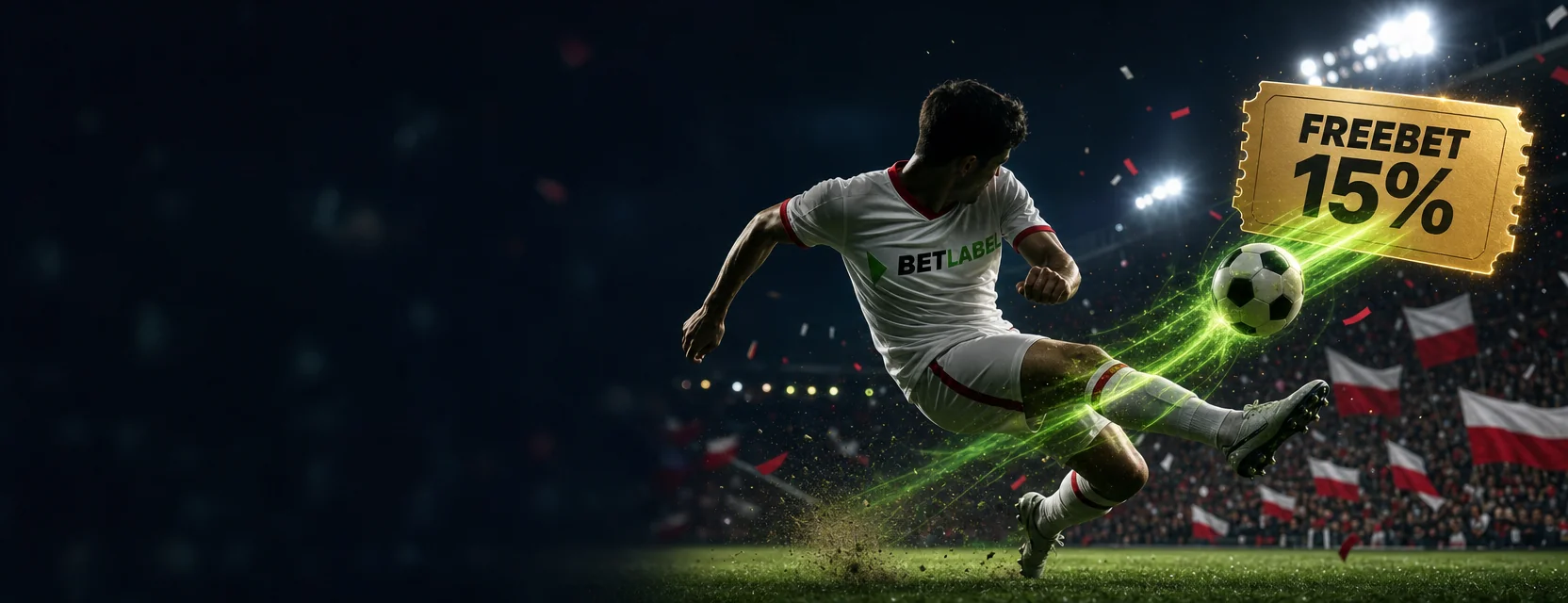 Piłkarz w białej koszulce z logo BetLabel uderza piłkę w stronę złotego kuponu z napisem FREEBET 15%