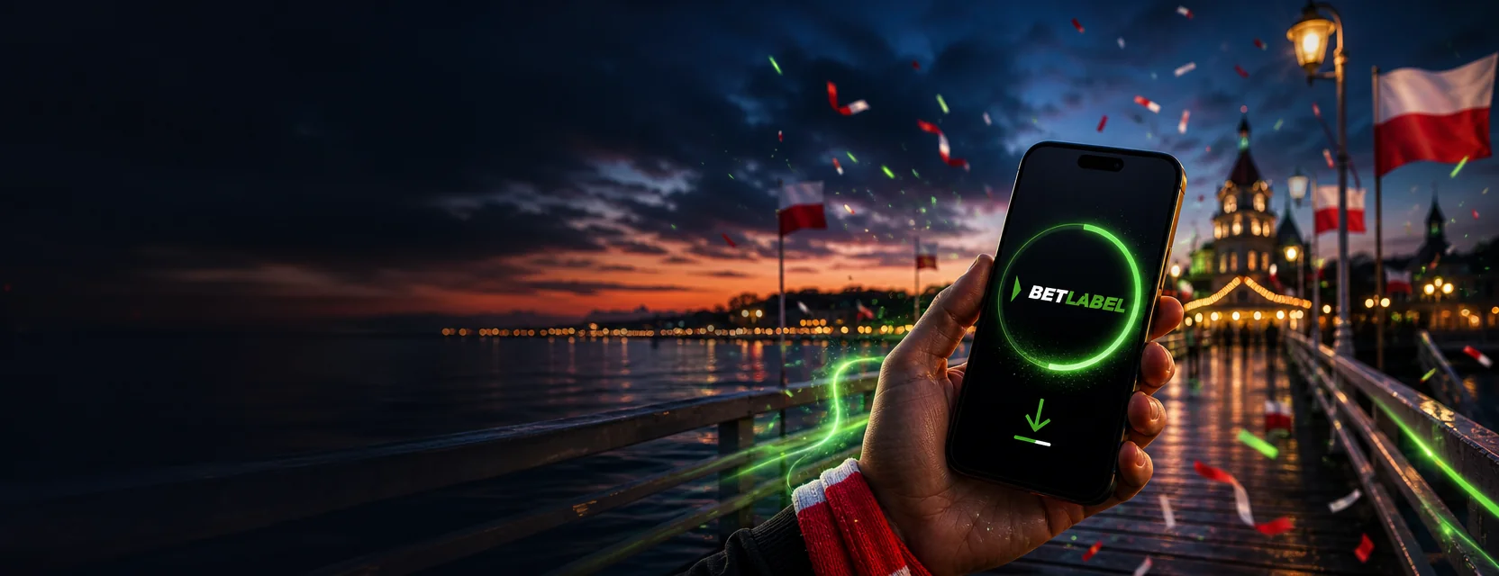 Dłoń z telefonem na molo w Sopocie o zachodzie słońca, na ekranie logo BetLabel w zielonym pierścieniu instalacji