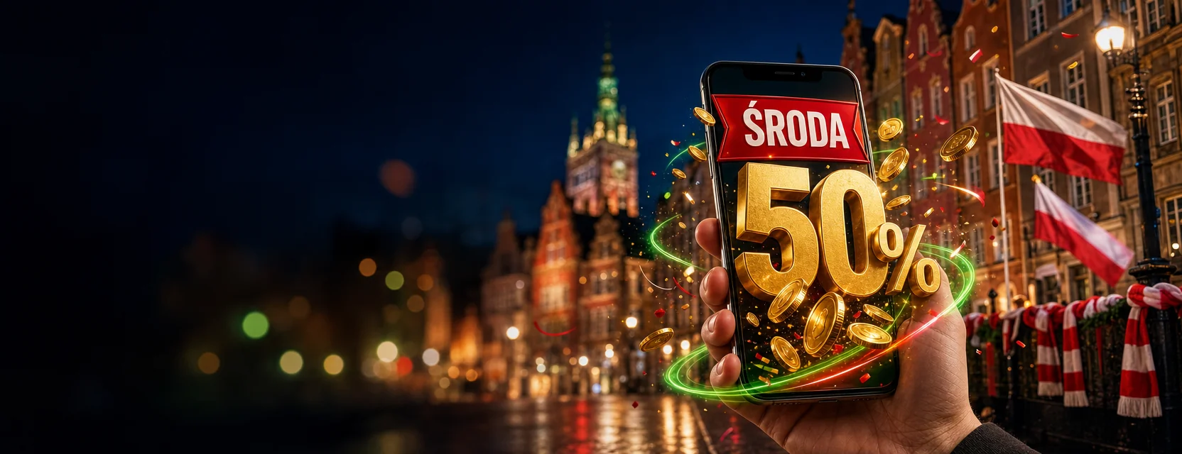 Dłoń z telefonem w nocnym Gdańsku, na ekranie czerwony pasek ŚRODA i złote 50% wyskakujące z ekranu