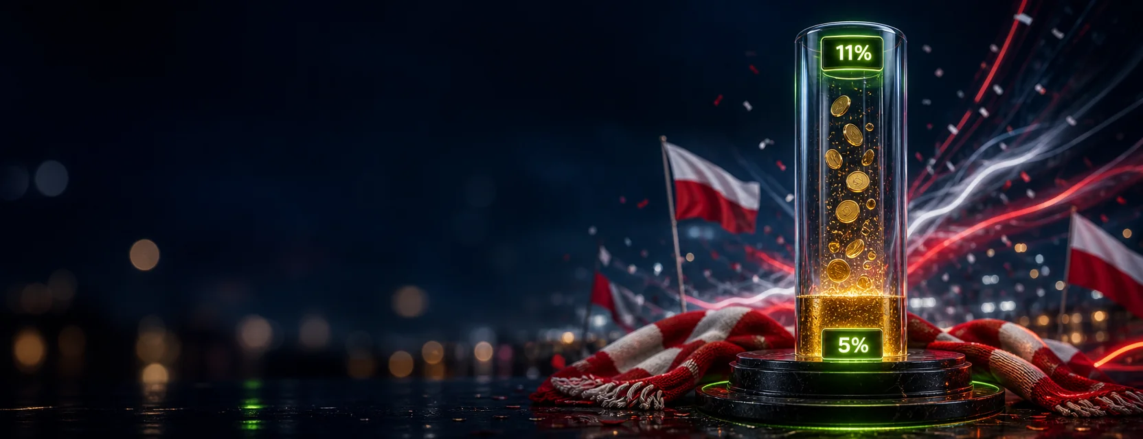 Szklana tuba wypełniona płynnym złotem ze skalą od 5% na dole do 11% na górze